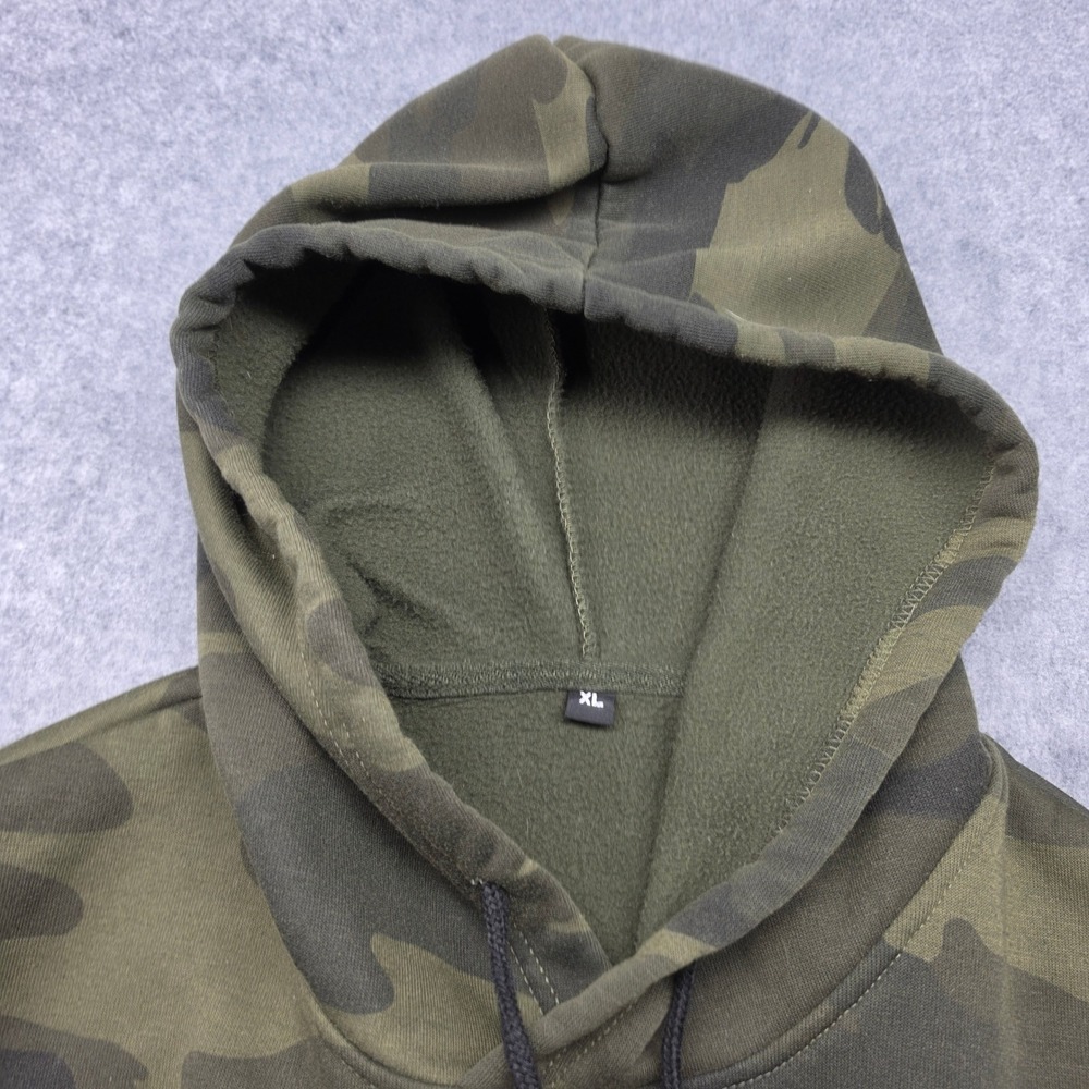 Mens Green Camouflage Fleece Lined Hoodie Sweatshirt XL Camo Pocket Pullover